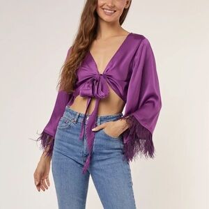 Hers and Mine Boutique Feather Cropped Tie Shirt Purple L